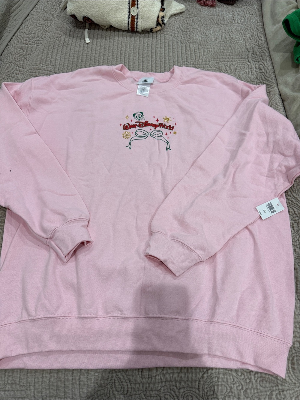 Disney Light Pink Crewneck Sweatshirt with Embroidered Bow